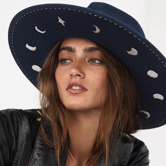 DIANA DAWN Free People Celestial Moon Phase Embroidered Wide Brim Fedora Hat OS main image 9
